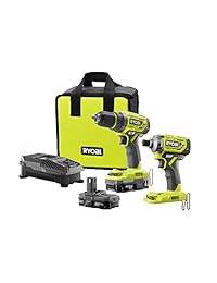Ryobi 18 V ONE+ de iones de litio sin escobillas taladro controlador de impacto 2 herramientas Kit w (2) baterías de 1,3 Ah, cargador,