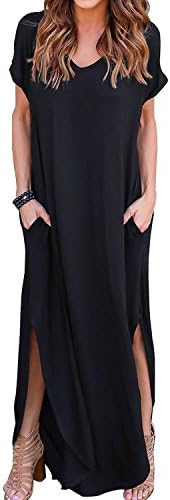 Sufiya Women's Casual Loose Dress Long Split Maxi Dresses V Neck Short Sleeve with Pockets