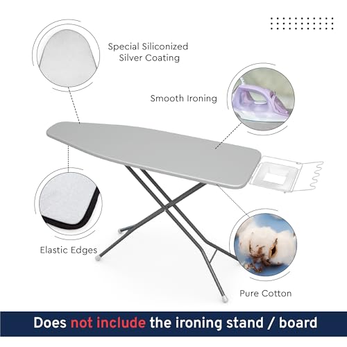 Encasa XO Ironing Board Covers and Pad135x45 cm - Metallised 'Silver Super Luxury' with Foam & Felt Pad, Fits X-Large Iron Boards - Heat Reflective, Scorch Resistant, Bungee Elasticated, 3 Fasteners