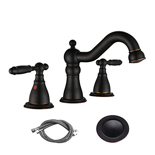 RKF Two Handle Widespread Bathroom Sink Faucet with Pop-up Drain with overflow and Faucet Supply Hoses,Oil Rubbed Bronze,WF013-4-ORB