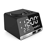 Foreita Digital Alarm Clock, Bluetooth Speaker with Dual Snooze Clock USB Charging Port, AUX TF Card Play, Thermometer, Large Mirror LED Dimmable Display for Bedroom, Kitchen, Table, Desk