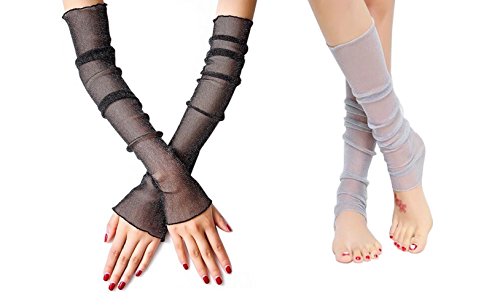 2 Pairs (Black + Grey) Women Girls Dual-use Mesh Lace Sunscreen Arm Cooling Sleeves Gloves Sun Block UV Protection Long Arm Calf Thin Leg Socks Cover Cuffs for Indoor Outdoor Activities