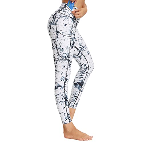HOUMOUS WOMEN’S 4 OUT POCKETS BUTTERY SOFT HIGH WAISTED FULL-LENGTH YOGA PANTS (MARBLE,L)