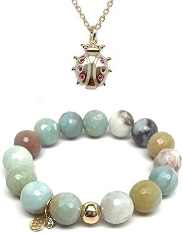 Set 12mm Green Amazonite Lauren 7" S. Bracelet 12mm Ladybug CZ Charm 16" 14k Over Brass Neck