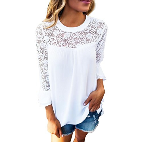 Women Blouse,Laimeng Frill Chiffon Embroidery T Shirt Three Quarter Sleeve Blouse Tops (M, White)