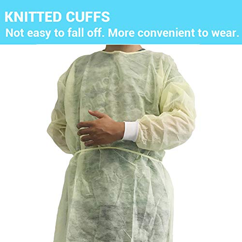 LyncMed Disposable Isolation Gown, Fluid-Resistant, Knit cuffs, Yellow, Large (Pack of 10)