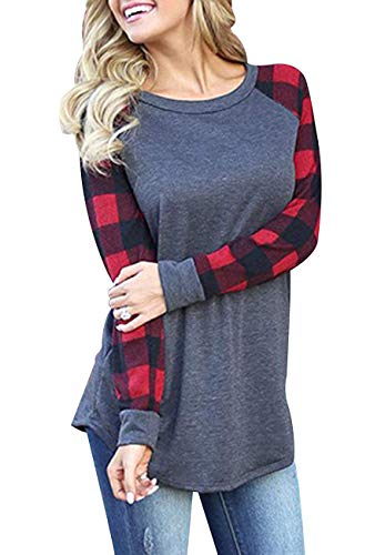 Women Raglan Plaid Sleeve Casual Tee Shirt Cotton Color Block Tunic Blouse and Tops