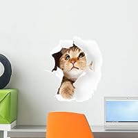 Wallmonkeys Cat in Paper Side Torn Hole Wall Decal Peel and Stick Graphic WM35129 (18 in H x 17 in W)