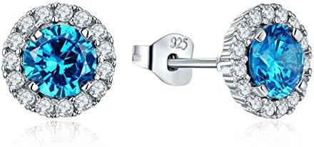 925 Sterling Silver Round Gemstone CZ Created Emerald Sapphire Amethyst Aquamarine Halo Stud Earrings