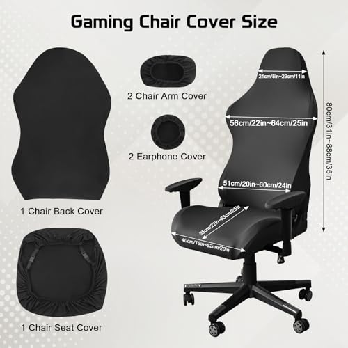 Starvortex 6 Pieces Elastic Gaming Chair Covers, Black Soft Breathable Office Chair Covers, Elastic Chair Covers for Gaming Chair, Office Chairs, with Arm Covers and Headphone Covers