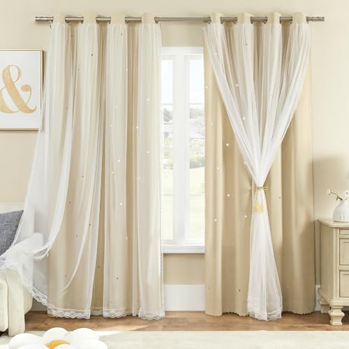 Verdunklungsvorhang für Schlafzimmer Doppellagig 106 x 228 cm aus Polyester mit Voile Sternen-Design Schiebetür Mehrfarbig Beige106/228