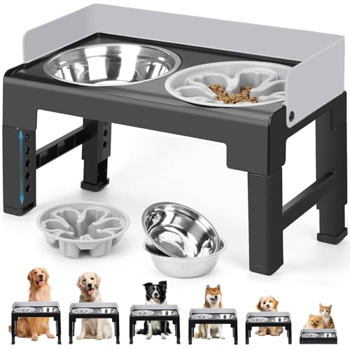 Zivacate Adjustable Raised Dog Bowls with 6 Heights and Inclined Angle with 2 Stainless Steel Bowls and 1 Slow Feeding Bowl for Small Medium Large Dogs