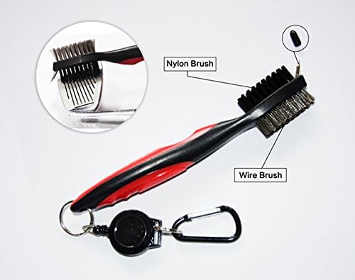 WHOOT Best Heavy Duty Golf Brush and Club Groove Cleaner, 2 Ft. Retractable Zipline Aluminum Carabiner. Easily Attaches to Golf Bag (Red)