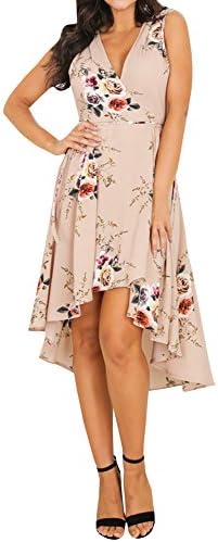 Dressit Women's Boho Deep V Neck Empair Waist Floral Chiffon Wrap Split Midi Dress (Large, Khaki)