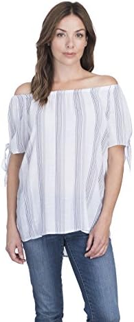 Como Vintage Women’s Striped Off-The-Shoulder Tie Sleeve T-Shirt (Grey or White) - White, Small