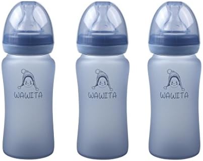 Wawita Glass Baby Bottle with Protective Silicone, Anti-Colic System and Soft Medical Breast-Like Silicone Nipple Lightweight, BPA Free, Natural Breastfeeding Bottle, Medium Flow, Navy 8 oz, 3 Count