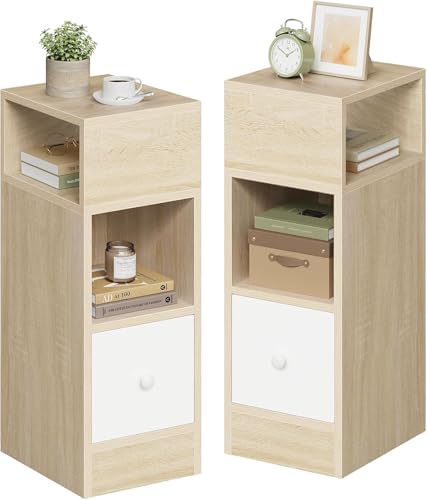 Mesitas de Noche Pack 2 Estrechas Roble Claro con 2 Compartimentos y 1 Cajón, 25x30x66 cm, Mesillas Auxiliares para Dormitorio Pequeño y Salón Espacios Reducidos, Moderno Madera, 0192ZZ-2