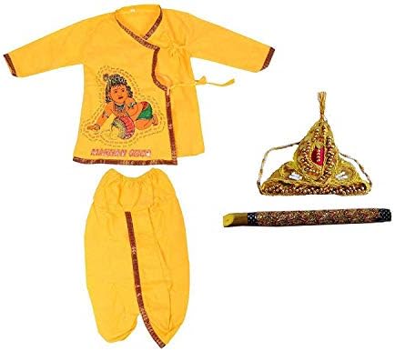 Kids Ethnic Wear Yellow Janamashtmi Special Makhan Chor Print Krishna Dress & Fancy Dress Costume for Baby Boys & Girls (Pack of 4- Dhoti, Kurta, Flute & Mukut)