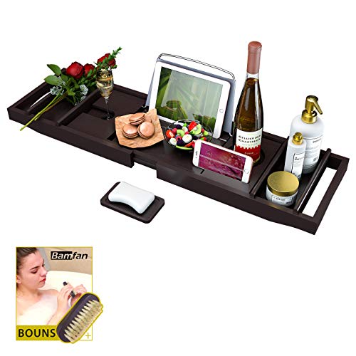 Bathtub Caddy Tray for Luxury Bath - Bamboo Waterproof Expandable Bath Table Over Tub with Wine and Book Holder and Free Soap Dish (Brown) - Thumbnail 7