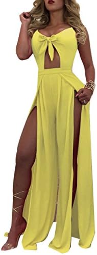 Eleganlife Women Sexy Chiffon Spaghetti Strap Cut Out High Split Clubwear Long Maxi Dress Yellow XLarge