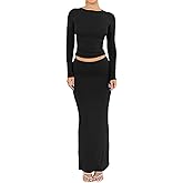 Lybiogs Two Piece Skirt Set for Women 2 PC Y2K Outfits Long Sleeve Tshirts Tops Bodycon High Waist Maxi Skirts