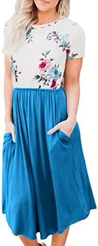 Womens Short Sleeve Pocket Floral Print Patchwork Casual Swing Midi Dress