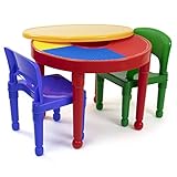 Tot Tutors Kids 2-in-1 Plastic Building Blocks-Compatible Activity Table and 2 Chairs Set, Round,  Primary Colors