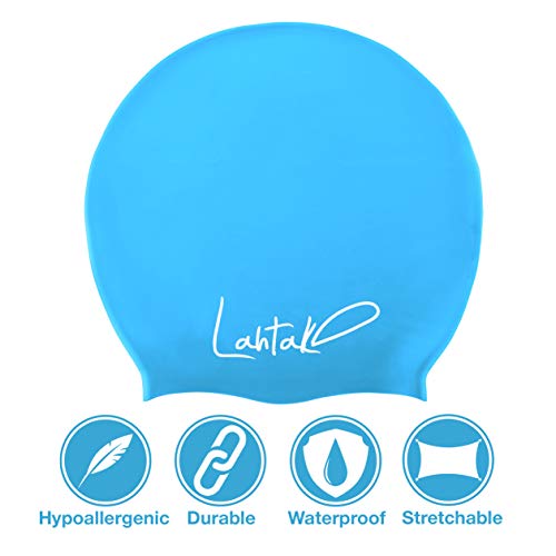 Swim Caps for Long Hair Kids - Swimming Cap for Girls Boys Kids Teens with Long Curly Hair Braids Dreadlocks - 100% Silicone Hypoallergenic Waterproof Swim Hat (Aqua Blue, Medium) - Thumbnail 2