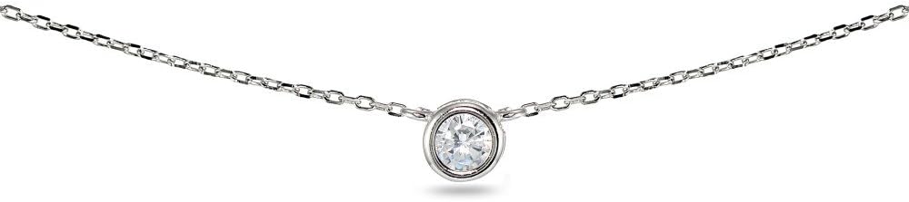 Lovve Sterling Silver Round 4mm Bezel-Set Cubic Zirconia Solitaire Short Choker Necklace, 3 Metal Options