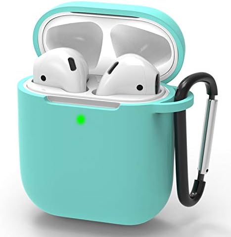 Airpods Case Portable Protective Upgrade Silicone Skin Cover with Anti-Lost Carabiner[Front LED Visible] Soft Washable Silicone Headphone Case Compatible with Airpods 2&1 Accessories - Mint Green