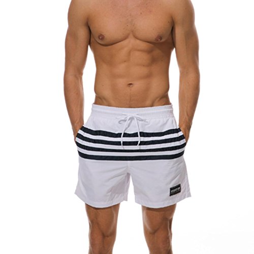 DEATU Swimwear Sports Men's Comfy Quick Dry Stripe Beach Shorts Bermudas Trunks Board Pants (M, White) - Thumbnail 5