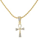 Goldtone Iced Out Ankh Cross Mini Sandblast Pendant with a 24 Inch Rope Necklace (C-1250)