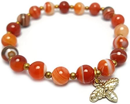 APECTO 7 mm, 8 mm Natural Multicolor Stone Beads Charm Elastic Bracelet, Gold Tone Bee (Orange Red Agate), TGA4