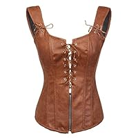 Bslingerie Womens Black Faux Leather Wetlook Bustier Corset (L, Brown)