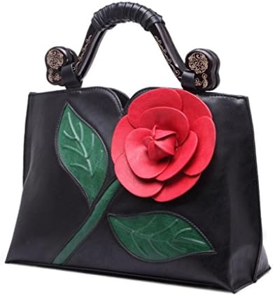 Classic Elegant 3D Rose Flower PU Leather Shoulder Bag Tote Handbag With Wooden Handle For Women Black