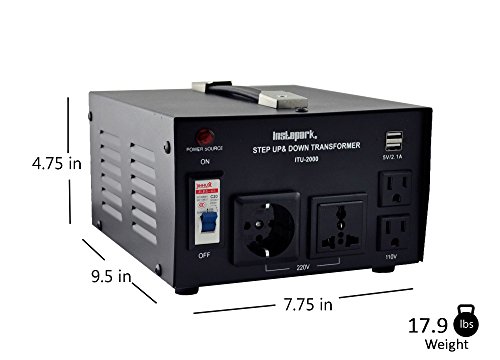 Instapark ITU-2000 Series Heavy-duty AC 110/220V Step Up / Down Voltage Transformer / Converter with US Standard, Universal, German/French Schuko AC Outlets - 2,000 Watt