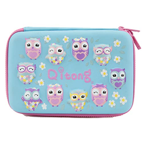 Hard Shell Pencil Case Cute 3D Owls Embossed Design Hardtop Pen Box with Big Capacity Stationery Pouch for Kids (Blue)