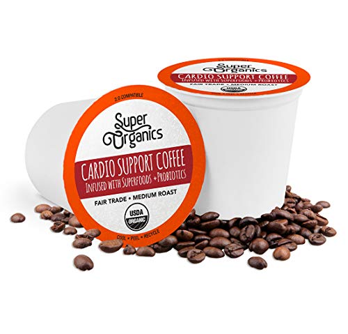 Super Organics Cardio Support Coffee Brew Cups With Superfoods & Probiotics | Keurig K-Cup Compatible | Cardiovascular Health | Medium Roast, USDA Certified Organic, Vegan & Fair Trade Coffee, 12ct