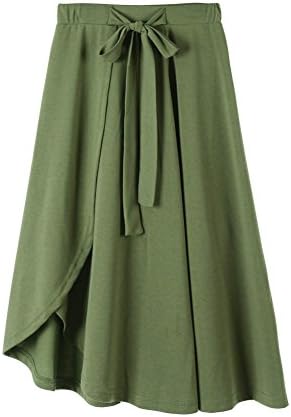 Women's Front Slit High Waist Flared Cotton Skirt Pleated Midi Skirt Stretch A-line Flared Long Midi Skirt M Green Winter