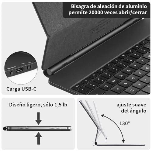 JESWO Magic Keyboard para iPad Pro 13" M4 (2024)/M5 (2025), Funda Teclado Inalámbrico para iPad Pro 13" M4 M5 con Soporte Magnético, Teclado iPad Multitáctil, 3 Ajustes Brillo Teclas Retroiluminación