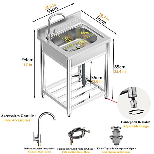 Vockol Professional Stainless Steel Kitchen Sink with 1 Basin, 55 x 50 x 94 cm, Freestanding Stainless Steel Sink with Tap and Accessories, Outdoor and Indoor Sink, Stainless Steel Sink for Kitchen, Restaurant, Garage, Garden