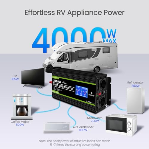 NOVOPAL 2000W Pure Sine Wave Power Inverter DC 24 V to AC 220 V with Intelligent LCD Display, 2 EU Socket with USB Output, 5 Metres Remote Control for Truck Camping Coffee Machine
