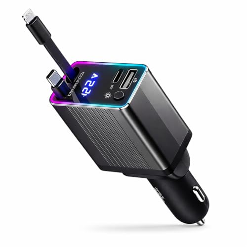 Carregador Veicular Premium Retrátil 4 em 1 | Carregamento Turbo 120W com Cabos Integrados | USB e USB-C | Tela LED Digital | Compatível com Android e iPhone | 12V/24V