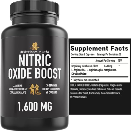 Nitric Oxide Booster Supplement, 1600mg Extra Strength L-Arginine, Citrulline Malate, and Alpha-Ketoglutarate (60 Count, 1 Bottle)
