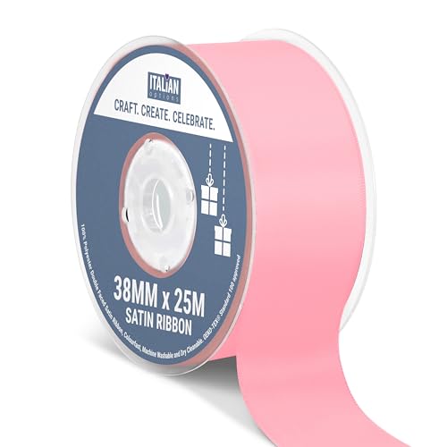 Italian Options Satin Ribbon, Fabric Ribbons for Gift Wrapping, Crafting, Balloons, Wedding Car, Presents, Cake, Christmas, Birthday, Gift Wrap Accessories, 38mm Wide x 25 Metre Roll, Pink
