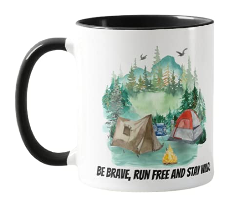 Vixar Tent Camping Caravan, Be Brave,Run Free and Stay Wild, Holiday, Ceramic Mug Cup Coloured,11oz, Novelty Gift, Joke (Black)