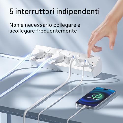Power Strip with USB, 6 Sockets and 3 USB, PD 30 W Power Strip with Surge Protection, 2 m Electric Power Strip with Switch for Desk, Office, Home