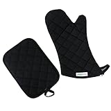 Deconovo Quilted Thick Kitchen Oven Mitt and Pot Holder Set Heat Resistant Flame Retardant Coating 100% Cotton Set of 2, Charcoal Black