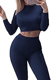 Prograce Women Sexy Long Sleeve Crop Tops + High Waist Leggings 2PCS Sets Outfit