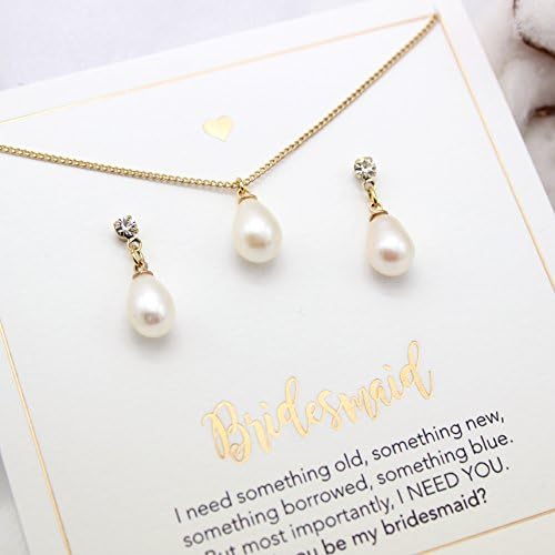 Gold single pearl jewelry set, Freshwater, Bridesmaid gift, will you be my bridesmaid pearl, freshwater pearl jewelry set, bridesmaid jewelry set gold, Set of 5, Set of 6, pearl drop